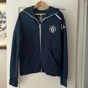 Adidas Manchester United Dark Blue Zip-Up Hoodie with White Trim Medium